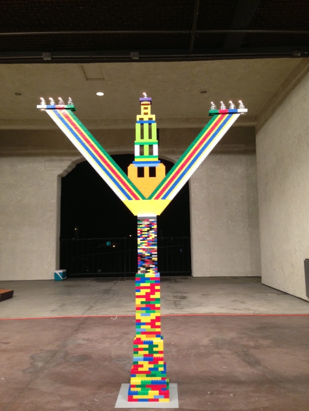 The Final Result.  A Seven Foot LEGO Menorah made up of 4000 LEGO pieces.